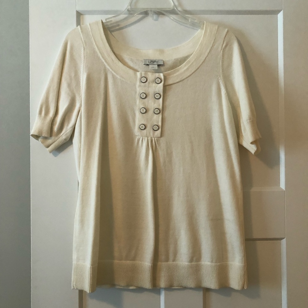 LOFT Cream Short Sleeve Sweater with Button Details Size Large